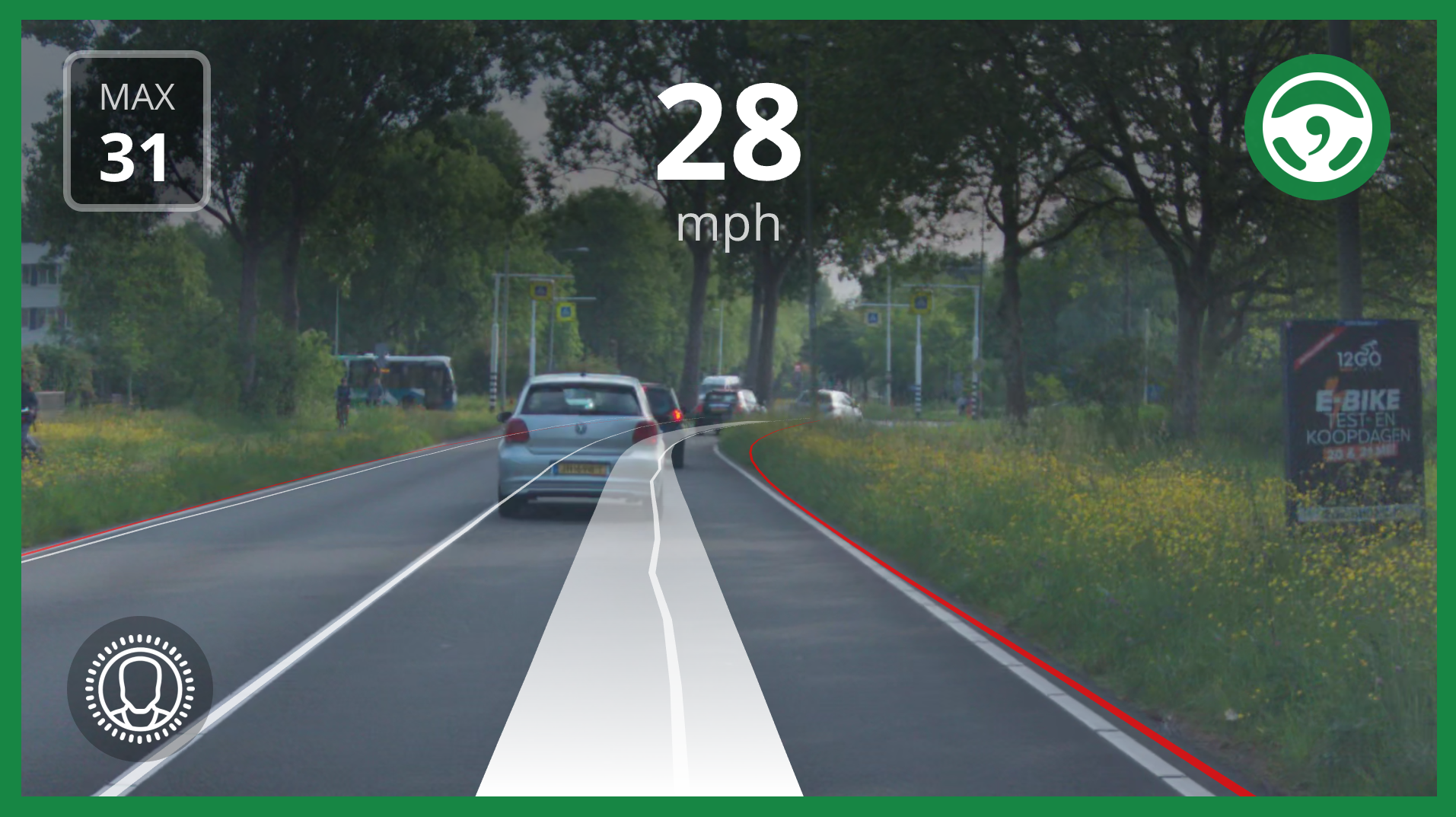 Road-camera view with a false laneline through the center of the road.