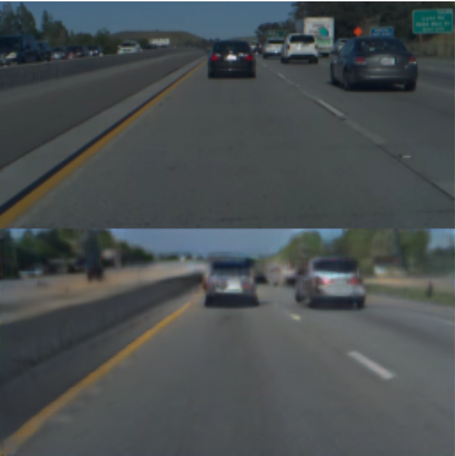 We can get insight into what is encoded in the 1024 output vector of the vision model by running it on an image and trying to reconstruct an image from it with a GAN. Above is the original image of a road, below is a reconstruction made by a GAN trained on a few million images and feature vectors. Notice how details relevant to planning such as locations of the lanes and lead car are preserved, while irrelevant details such as the colors of cars and background scenery are lost.